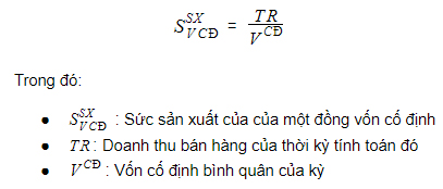 Công thức tính Sức sản xuất của một đồng vốn cố định